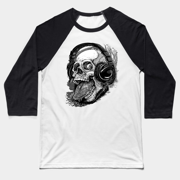 Skull Giving Raspberry With Music Headphones BW Baseball T-Shirt by Mudge